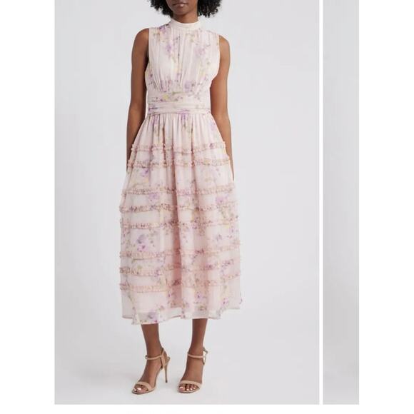 Freesia Dresses & Skirts - Lulus Eden Floral Sleeveless Ruffle Chiffon Dress Pink Midi Size Small NWT Fairy